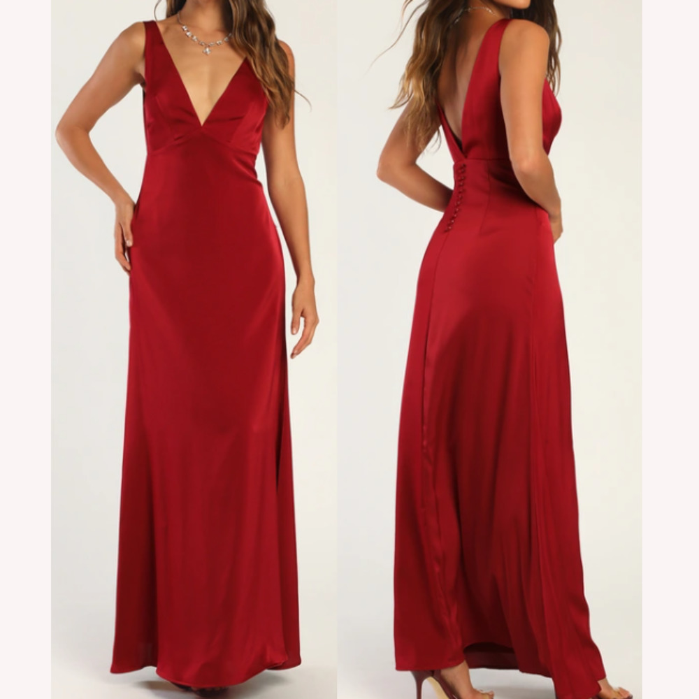 LULU'S SZ M Appetite for Extravagance Wine Red Satin Button-Back Maxi Dress 0B13